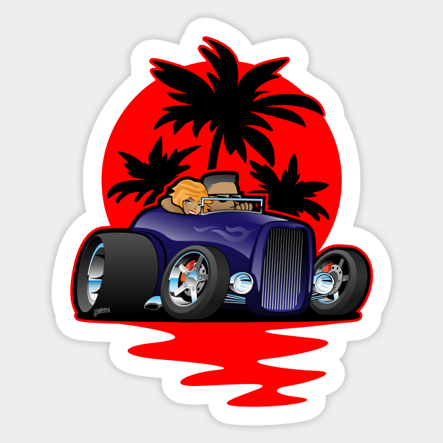 Hot Rod Couple Cruise at Sunset with Palm Trees Car Design Sticker by hobrath